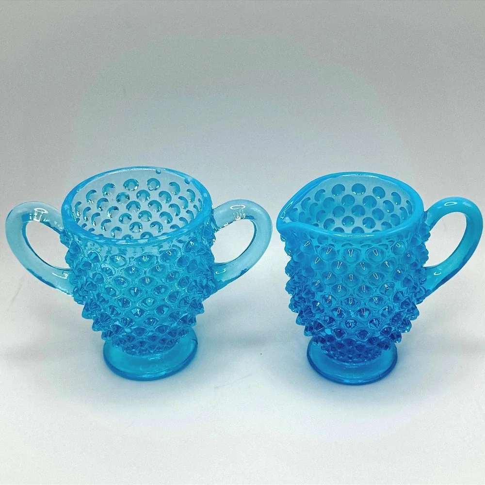 Vintage Fenton Blue Opalescent Hobnail Creamer Sugar Bowl Set Footed Glass